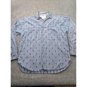 Vintage Shah Safari Shirt Mens Large Blue All Cotton Button‎ Front Patterned 90s